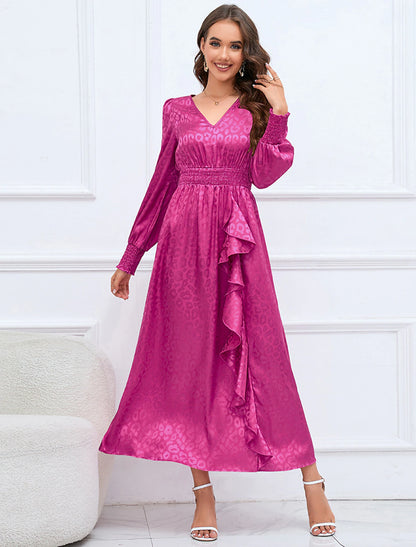 A-Line Party Dresses Elegant Dress Formal Fall Ankle Length Long Sleeve V Neck Satin with Ruffles Print