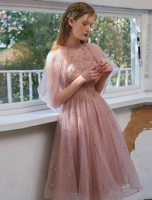 A-Line Cocktail Dresses Party Dress Graduation Engagement Knee Length 3/4 Length Sleeve Jewel Neck Tulle with Sequin Appliques