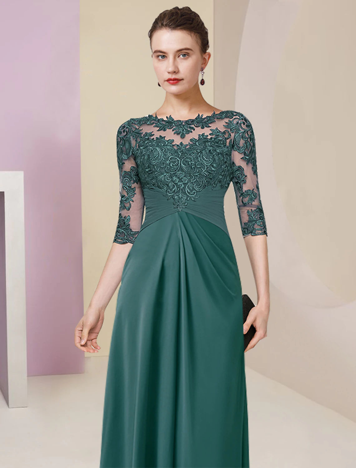 Sheath / Column Mother of the Bride Dress Simple Elegant Jewel Neck Floor Length Chiffon Lace Half Sleeve with Pleats Solid