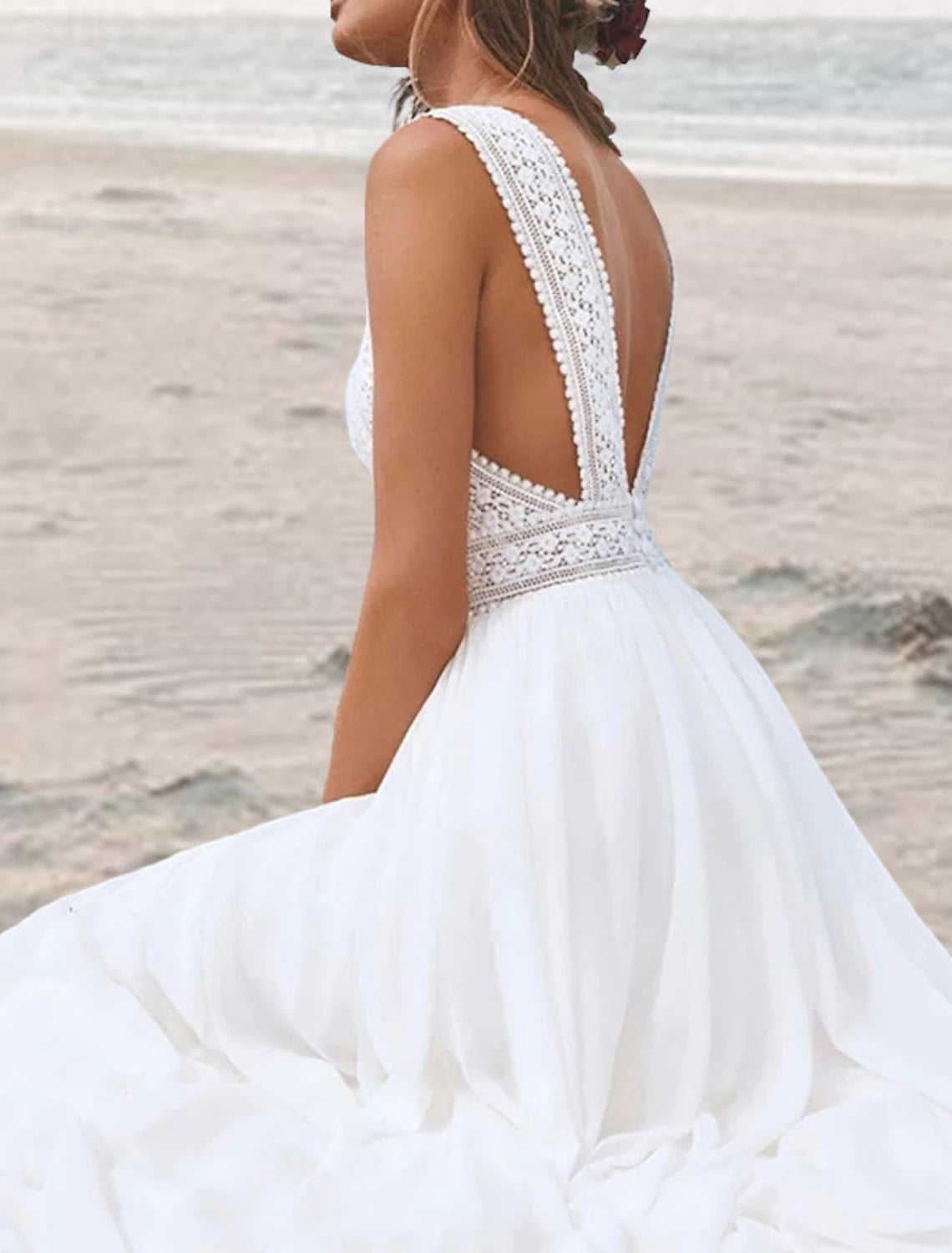 Beach Open Back Boho Wedding Dresses A-Line V Neck Sleeveless Floor Length Chiffon Bridal Gowns With