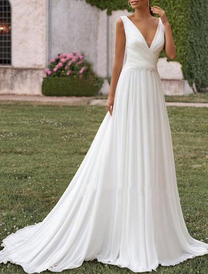 Hall Casual Wedding Dresses A-Line V Neck Sleeveless Sweep / Brush Train Chiffon Bridal Gowns With Pleats Pearls