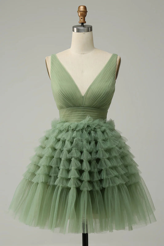 Beaira Green Tulle V-Neck Short Prom Dress With Open Back