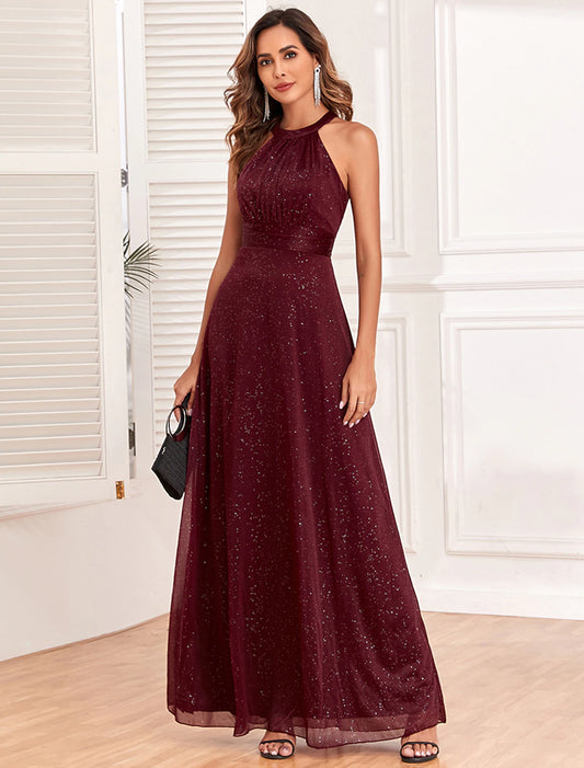 A-Line Evening Gown Empire Dress Evening Party Dress Wedding Reception Floor Length Sleeveless Halter Neck Polyester Backless V Back with Glitter