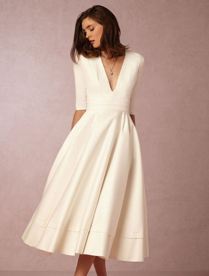 A-Line Special Occasion Dresses Party Dress Holiday Wedding Guest Tea Length Half Sleeve V Neck Pocket Jersey with Pleats