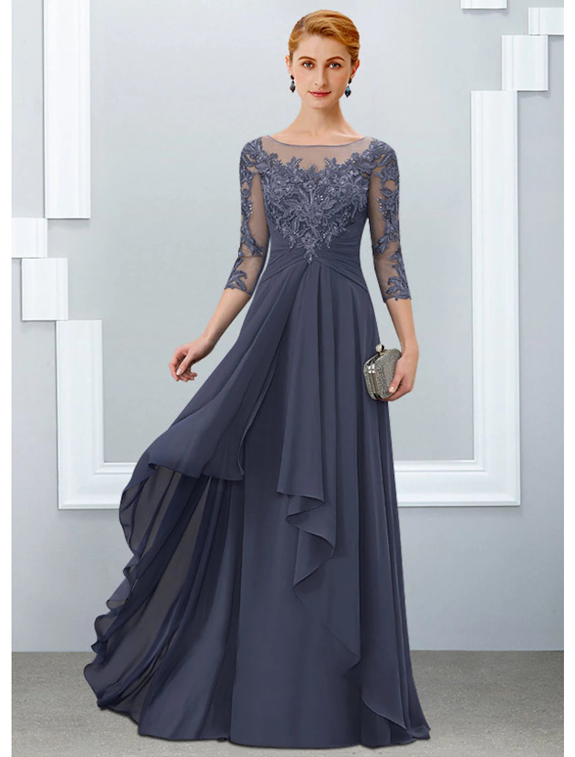 A-Line Mother of the Bride Dress Elegant Jewel Neck Floor Length Chiffon Lace Half Sleeve with Ruffles Appliques