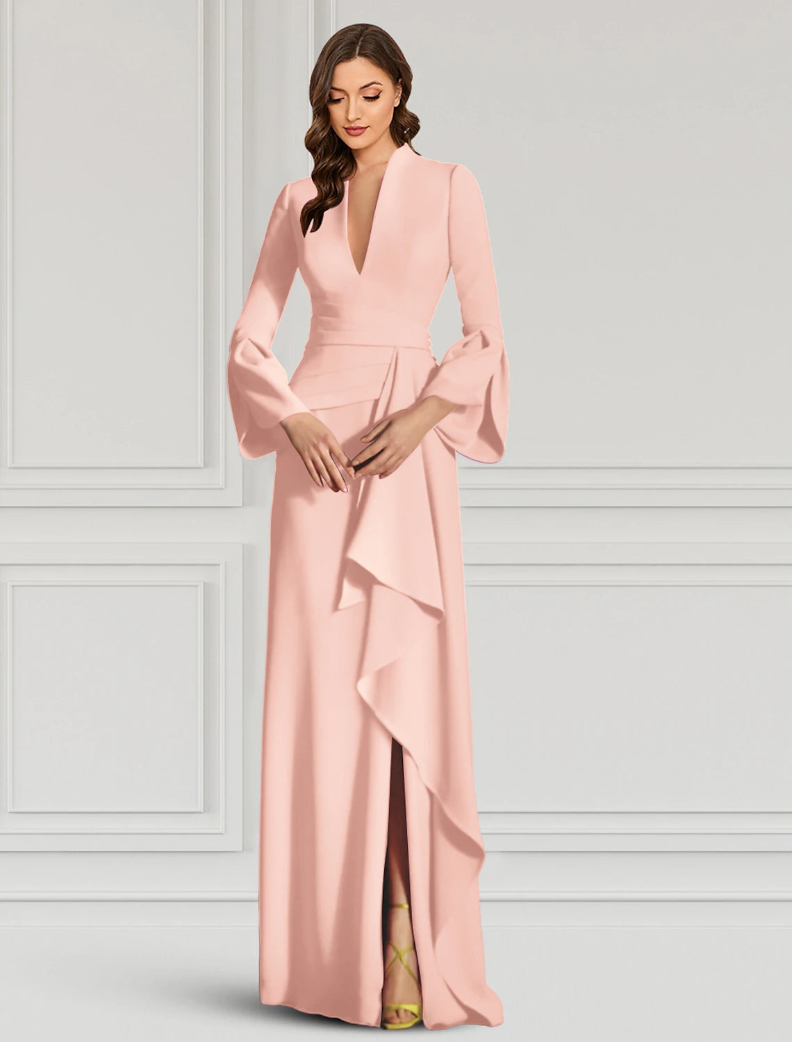 Sheath / Column Evening Gown Elegant Dress Formal Cocktail Party Dress Floor Length Long Sleeve V Neck Fall Wedding Guest Stretch Fabric with Ruffles