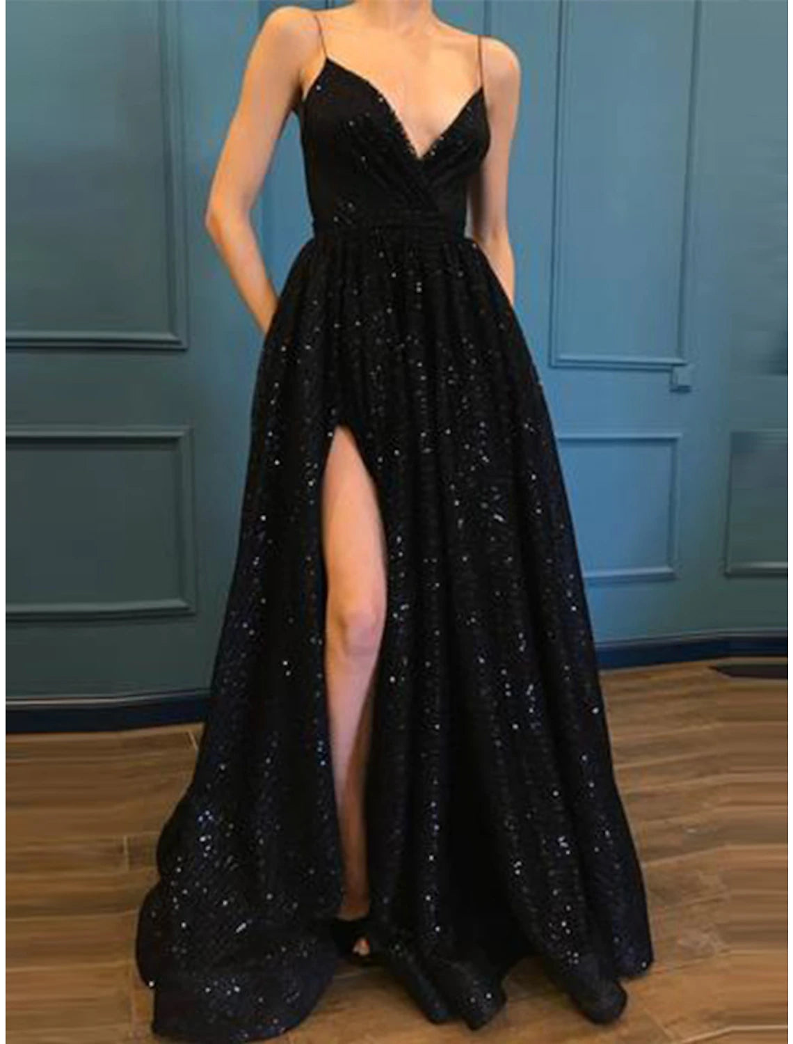 A-Line Prom Dresses Glittering Dress Party Wear Prom Floor Length Sleeveless Spaghetti Strap Sequined