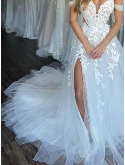 Beach Formal Wedding Dresses A-Line Off Shoulder Sleeveless Court Train Lace Bridal Gowns With Pleats Split Front