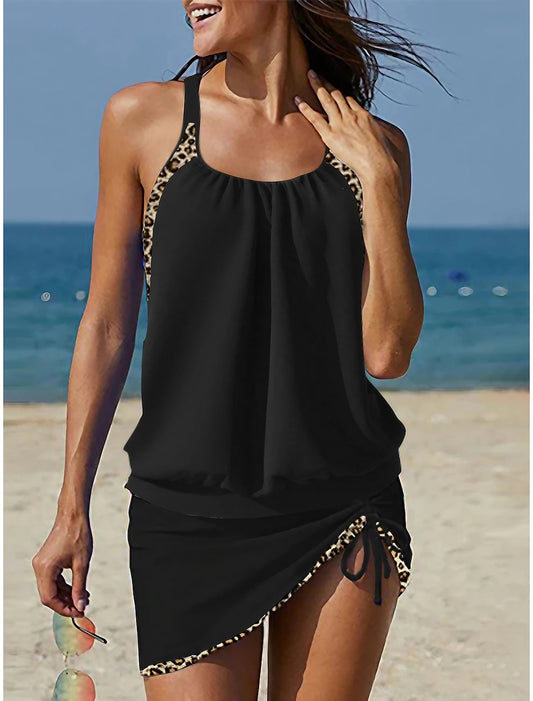 Women's Swimwear Swimdresses Swimsuit Ruched Leopard Plain High Neck Beach Wear Basic Bathing Suits