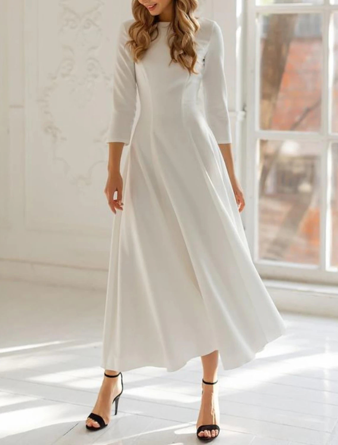 Hall Little White Dresses Wedding Dresses A-Line Scoop Neck 3/4 Length Sleeve Tea Length Satin Bridal Gowns With Pleats Solid Color