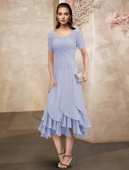 Mermaid / Trumpet Mother of the Bride Dress Elegant High Low Jewel Neck Asymmetrical Tea Length Chiffon Lace Short Sleeve Wrap Included with Lace Ruffles