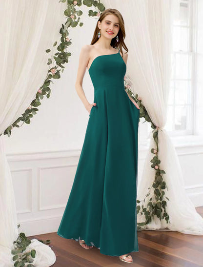 A-Line Bridesmaid Dress One Shoulder Sleeveless Elegant Floor Length Chiffon with Pleats