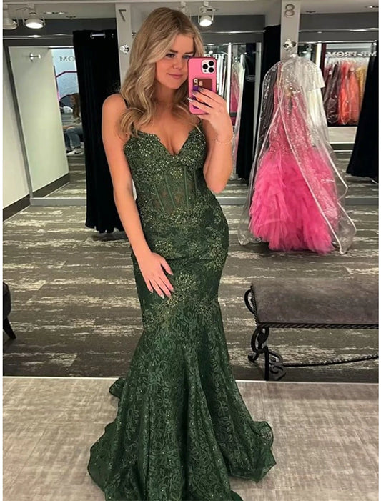 Mermaid / Trumpet Evening Gown Maxi Dress Formal Prom Sweep / Brush Train Sleeveless Spaghetti Strap Spandex Backless with Crystals Appliques