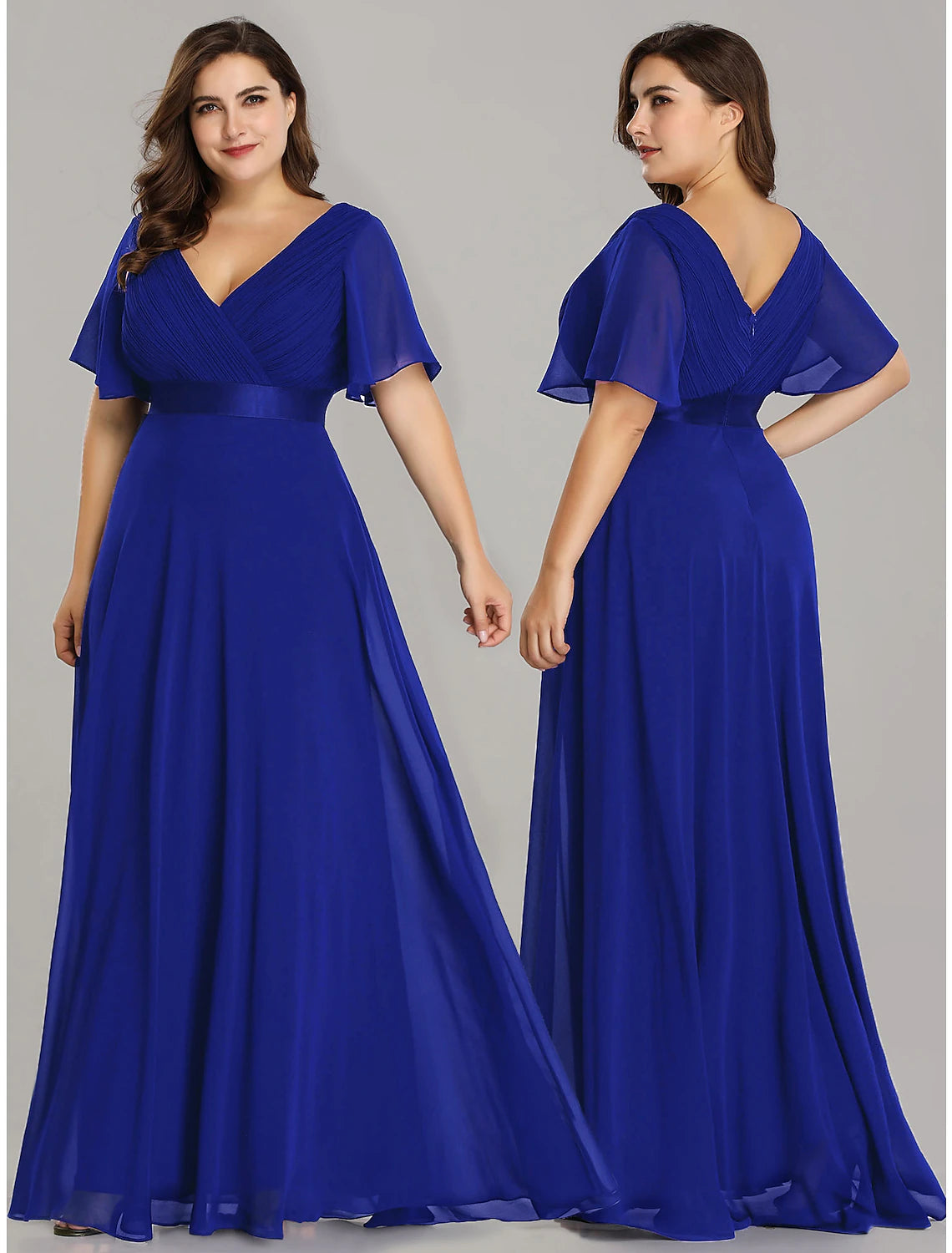 A-Line Empire Fall Wedding Guest Dress For Bridesmaid Plus Size Formal Evening Dress V Neck Short Sleeve Floor Length Chiffon with Pleats Ruched