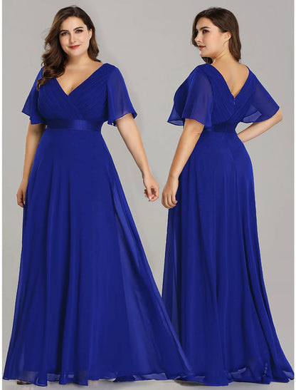 A-Line Empire Fall Wedding Guest Dress For Bridesmaid Plus Size Formal Evening Dress V Neck Short Sleeve Floor Length Chiffon with Pleats Ruched