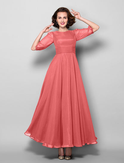 A-Line Mother of the Bride Dress Elegant Jewel Neck Ankle Length Chiffon Half Sleeve with Sash / Ribbon Ruched