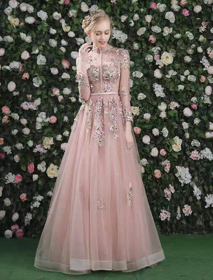 A-Line Cut Out Floral Prom Formal Evening Dress High Neck Long Sleeve Floor Length Organza with Embroidery