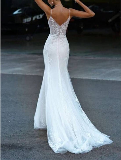 Engagement Formal Wedding Dresses Mermaid / Trumpet Sweetheart Camisole Spaghetti Strap Court Train Satin Bridal Gowns With Appliques Solid Color